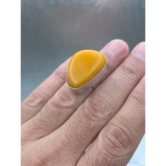 Vintage Sterling Silver 925 Egg Yolk Butterscotch Ring Amber Adjustable Size 9